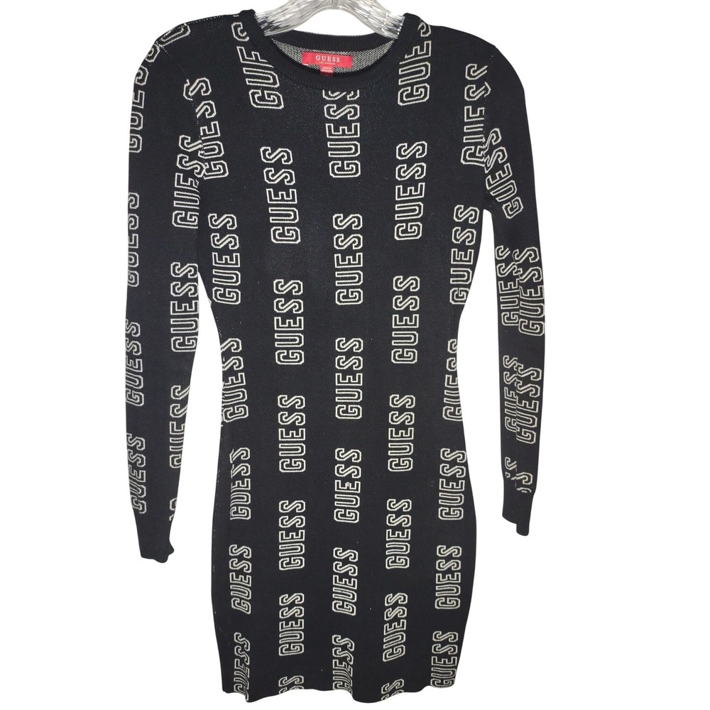 GUESS Black White‎ All Over Logo Long Sleeve Sweater Dress XS